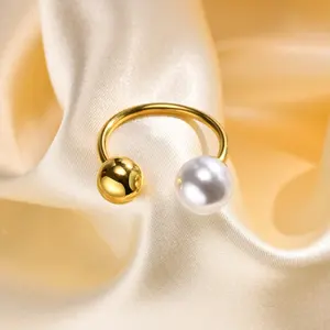 不锈钢镀金光滑球珍珠开口戒指时尚开口指环少女