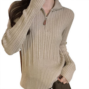 Pull en maille pour femme, élégant, à col roulé mi-haut, avec fermeture éclair, haut de gamme, à manches longues, design tendance, couche de base - Product Image 6