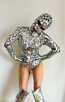 Femme argent doré brillant miroir réfléchissant costume costume scène performance miroir costume pour les femmes