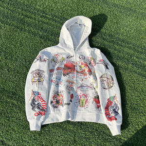 Sweat à capuche zippé pour homme en coton côtelé à ourlet court, style Y2K, avec impression graphique personnalisée - Product Image 2