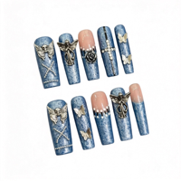 Faux ongles longs en forme de cercueil faits à la main, bleu denim, avec crâne argenté 3D, papillon et ange, style gothique punk Y2K, pour l'industrie lourde, vente en gros