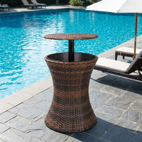 Table de bar d'extérieur moderne en rotin PE avec seau à glace, ensemble trois pièces léger pour hôtel, villa et parc