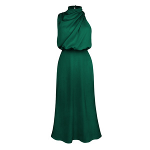 Robe femme mode mariage demoiselle d'honneur solide demi col haut mince mince longueur moyenne jupe licou Satin femme robe de soirée - Product Image 2