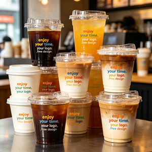 Gobelets en plastique PP écologiques noirs personnalisés de 90 mm et 10 oz, jetables pour thé au lait, café, boissons froides, café dirty, espresso, ristretto - Product Image 1