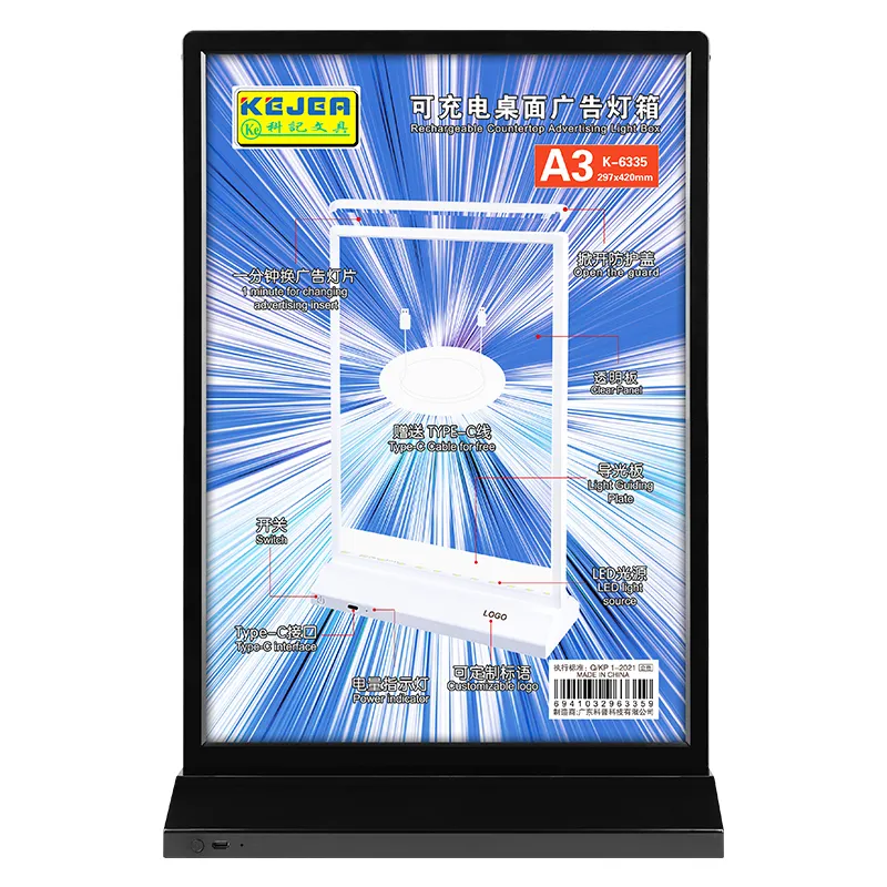 Kejea Led Advertising Light Boxes Abs A3 Display Desktop Restaurants Desk Menu Holder Rechargeable Led Card Stand