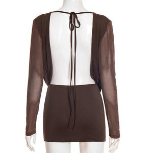 Viviblook D25DS582 <b>Women</b> New Solid Color Tied Rope Swing Collar Mesh Long Sleeved Backless Mini Party Club <b>Dress</b> - Product Image 6