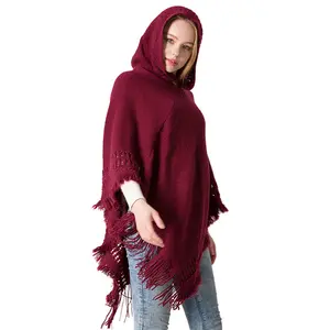 Sweater Best Sale Solid Color Hooded Mexican Coat Ponchos Knitted Tassel Loose Hood Women Cloak Cape Sweater Shawl