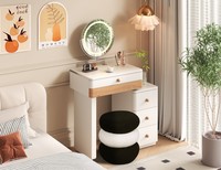 Chaise de coiffeuse couleur crème pour chambre à coucher, tabouret pour filles, luxe léger, tissu en laine d'agneau, structure en bois