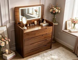 Walnut 4 Drawer Dressing Chest Flip Top LED Light <b>Mirror</b> Multifunctional Bedroom Makeup Storage Vanity Cabinet - Product Image 6