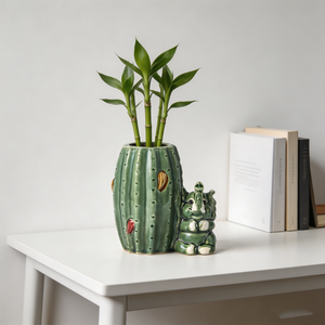 Pot de fleurs en céramique en forme de <span class=keywords><strong>cactus</strong></span>, écologique, personnalisé OEM/ODM, avec éléphant de dessin animé mignon et glaçure verte craquelée, pour plantes succulentes d'extérieur - Product Image 2