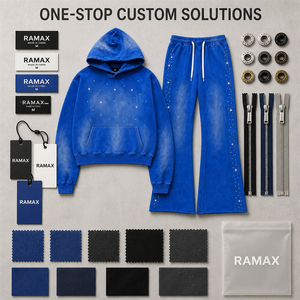 Conjunto de Sudadera con Capucha Azul Extra Grande RAMAX, 480GSM, Algodón French Terry, Estampado de Diamantes de Imitación, Unisex, Ropa Casual de Otoño - Product Image 4