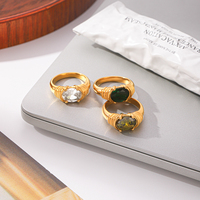 H&C Waterproof Stainless Steel Jewelry 18K PVD Gold Plated White Emerald Olive Green Shiny Zircon Ring for Anniversary Gift