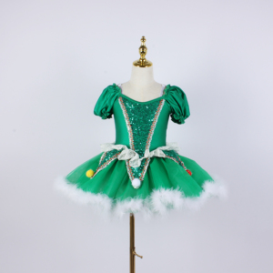 Vestito Tutu da Balletto per Bambine a Tema Albero di Natale, con Paillettes Verdi e Maniche a Sbuffo, Costume per Spettacoli Teatrali - Product Image 2