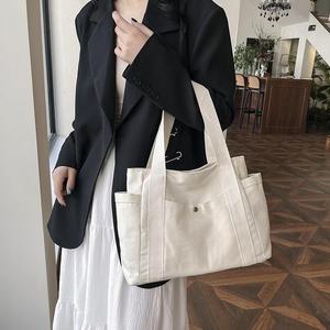 Tas bahu belanja dapat dipakai ulang polos tas <span class=keywords><strong>Tote</strong></span> kanvas Multi saku kapasitas besar Logo kustom untuk siswa kerja bepergian - Product Image 1