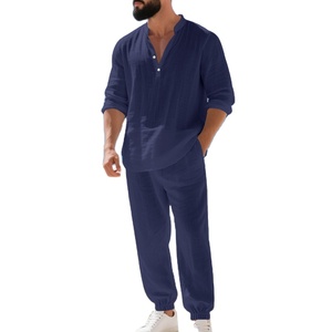 Cross Border autunno americano abito di <span class=keywords><strong>lino</strong></span> largo vacanza casa pendolarismo stile sottile camicia a maniche lunghe Set pantaloni lunghi - Product Image 4