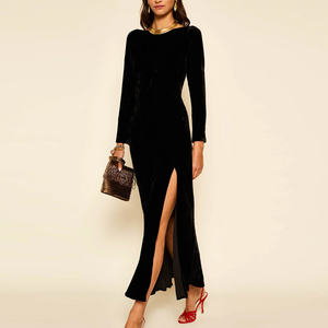 Abito Midi Elegante <span class=keywords><strong>Nero</strong></span> Liscio da Donna <span class=keywords><strong>con</strong></span> Spacco Alto e Maniche Lunghe, Design Personalizzato <span class=keywords><strong>con</strong></span> Schiena Scoperta - Il Più Venduto dai Fornitori - Product Image 2