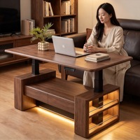 Table basse électrique relevable ATUNUS en noyer moderne avec tiroirs de rangement et armoire LED pour le travail, la lecture et le salon