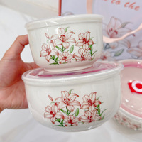Meisite – Ensemble de bols à riz en céramique à motifs floraux, trois pièces, très prisé, avec boîte cadeau, idéal pour les boutiques et personnalisable