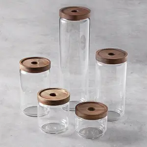 Tarro de almacenamiento de alimentos hermético con tapa de madera de Acacia, cilindro de vidrio de borosilicato alto apilable