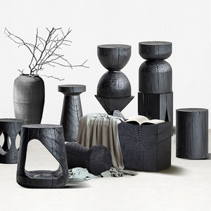 Sgabello <span class=keywords><strong>Moderno</strong></span> in Legno Massello Stile Wabi-Sabi, <span class=keywords><strong>Tavolino</strong></span> Laterale Nero a Clessidra con Texture Ondulata Intagliata a Mano per Arredamento Hotel e Villa - Product Image 1