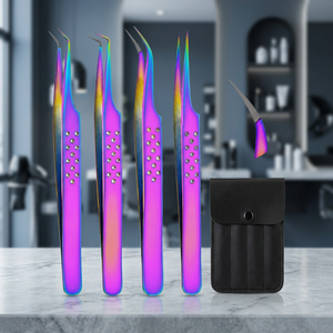 Ensemble de 4 pinces à cils arc-en-ciel en acier inoxydable, outils de beauté pour extensions de cils à pointe incurvée et droite de précision, avec étui de rangement - Product Image 3