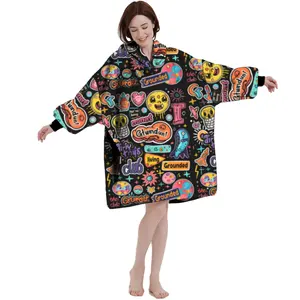 특별한 버섯 디자인 사용자 정의 인쇄 웨어러블 후드 담요 성인 아이 겨울 봉제 양털 대형 포켓 운동복 가정용