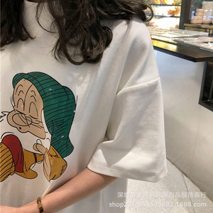 Korean Style Cartoon Printed T-Shirt For Women Gray Loose Fit Casual Top Split Hem Jersey Fabric Daily Wear - Product Image 5