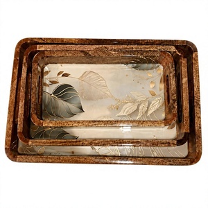 Single Wooden Rectangle <b>Storage</b> <b>Trays</b> with Leaf Design Polished Finish Kitchen Dishwasher Safe for Table Use - Product Image 1