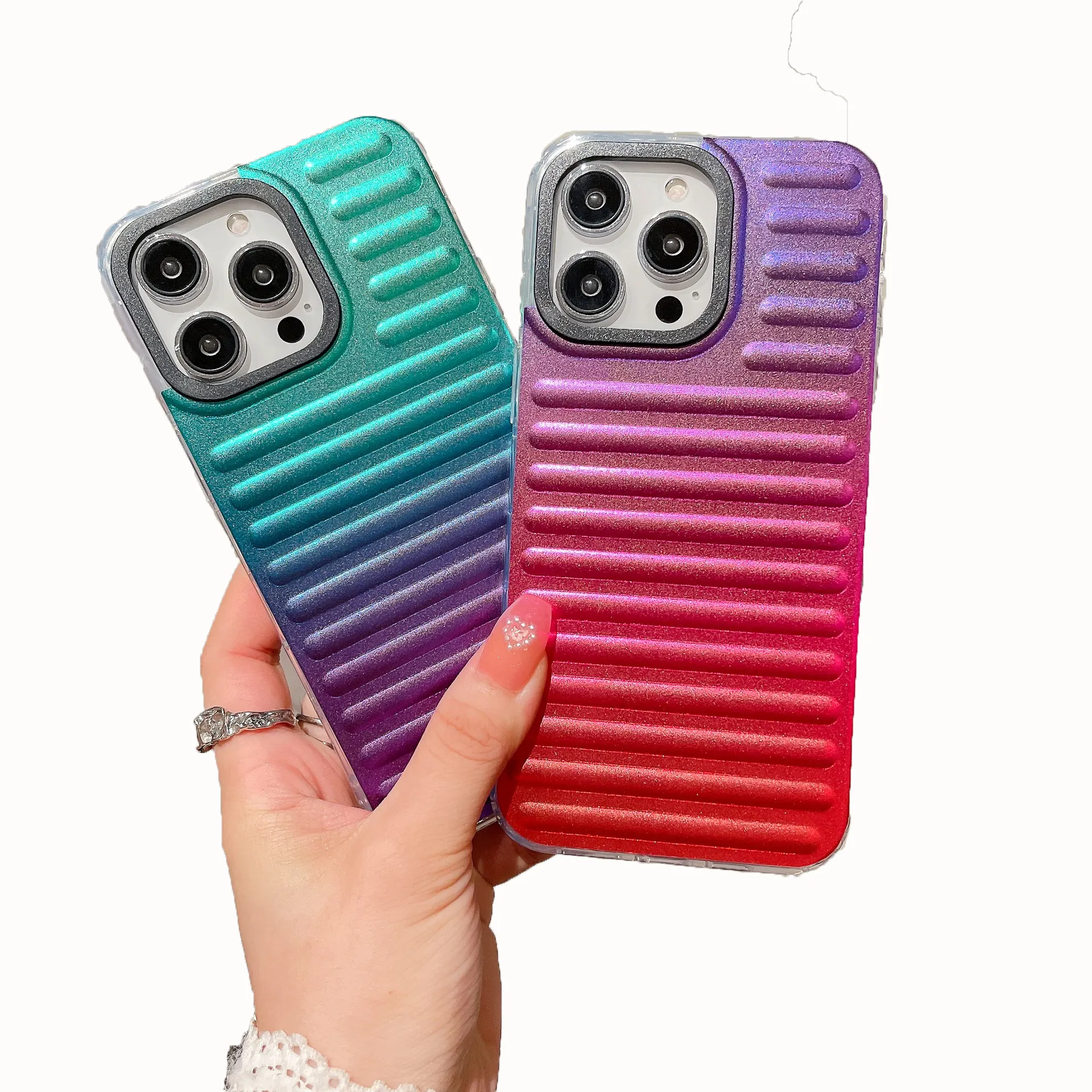 For iPhone 14 ProMax Case ,PC Material Gradient Stripe Anti-fall Two-color Horizontal Bar Matching Color Phone Case