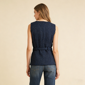 Gilet Senza Maniche in <span class=keywords><strong>Tweed</strong></span> Blu Navy da Donna - Design con Cintura e Bottoni Dorati - Elegante Gilet Strutturato per Ufficio/Casual - Product Image 2