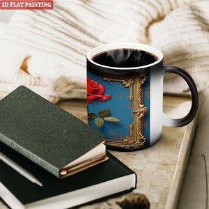 Mug en céramique noir givré 11oz, tasse magique changeant de couleur à la chaleur avec un design de cadre en rose - Product Image 3
