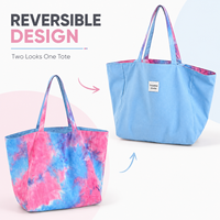 Sac fourre-tout réversible en toile, bleu uni et bleu rose tie-dye, double face, grande capacité, pour le shopping ou à porter à l'épaule