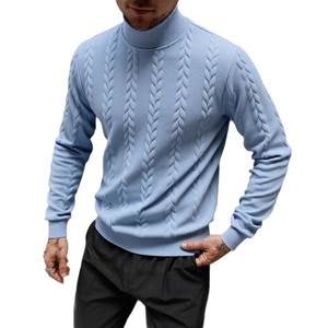 Pull en laine tricoté à col montant pour homme, chaud, automne-hiver, couleur unie, maille torsadée, manches longues, anti-boulochage - Product Image 5