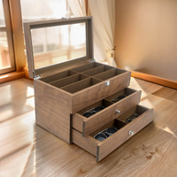 Boîte à lunettes en bois de noyer, organiseur de rangement pour lunettes avec couvercle en verre transparent, tiroirs coulissants, compartiments multiples
