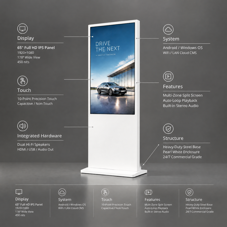 Pearl White 65 Inch Floor Standing Advertising Display Screen Vertical ...