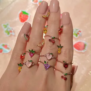 Hot Selling Sweet Girl Style Cute Bananas Apples Grapes CZ Fruit Ring Fashion Colorful Zircon Ring