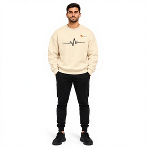 Sudadera de Cuello Redondo para Hombre, Color Crema, Corte Regular, Diseño de Latido de Corazón con Impresión por Transferencia de Calor, Ropa Casual de Otoño, Ecológica, Serigrafiada - Product Image 1