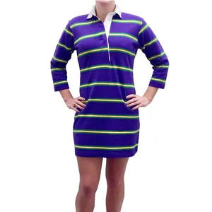 女士女孩色块紫色绿色条纹休闲连衣裙狂欢节女式运动衫马球连衣裙