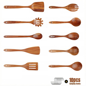 Juego de Utensilios de Cocina de Madera de Teca Natural, Antiadherentes y Seguros, 10 Piezas, Juego de Utensilios de Madera <span class=keywords><strong>para</strong></span> Cocina - Product Image 1