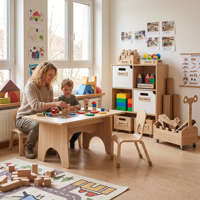 Table en bois d'intérieur EMA pour le jeu à la maison avec des coins arrondis sécurisés, ensemble chaise et table pour une utilisation scolaire