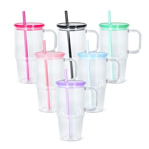 Custom DIY Personalized Eco-Friendly 20Oz Double Wall Acrylic Mason Jar Pre-<b>Drilled</b> Plastic Tumbler Cups Mug Cup With Handle - Product Image 1