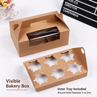 Boîte à muffins en papier kraft en stock, boîte d'emballage pour pâtisseries avec fenêtre transparente, boîte cadeau pour gâteaux de lune à emporter avec plateau intérieur