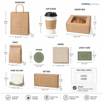 Kit d'emballage personnalisé pour café et boulangerie à emporter avec sac en papier, manchon pour gobelet, boîte à pâtisserie, pochette, autocollant, serviette, carte, boîte cadeau, ensemble en vrac