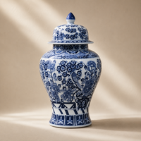 Pot décoratif en céramique bleu et blanc, motif floral, avec couvercle, pour table console, armoire, décoration de salon