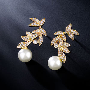 RAKOL EP1079 2025 Pendientes de Perlas Finas para Mujer, Joyería de Boda, Pendientes con Forma de Hoja y Rama Chapados en Oro de 18k, Joyería para Mujer - Product Image 5