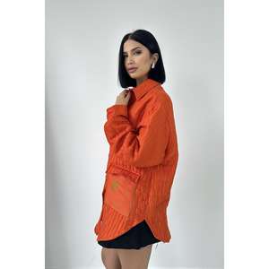 Camisa Acolchada Naranja con Botones para Mujer, Blusa Informal de Popelina para Uso Diario - Product Image 4