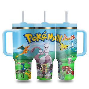 <b>Large</b> Capacity Cute Cartoon Pokemoned Pattern Insulated Tumbler 304 Stainless Steel Outdoor Travel <b>Mug</b> with Handle and Straw - Product Image 1