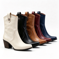 Sepatu Boots Kulit Wanita Model Western Vintage, Ujung Runcing, Hak Tinggi, Setengah Betis, Kasual Sehari-hari