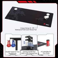 Bureau de jeu en métal, surface en fibre de carbone en forme de T, bureau d'ordinateur avec tapis de souris, double crochet pour casque, support de jeu USB, porte-gobelet