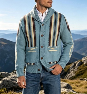 Cárdigan de punto grueso para hombre, estilo suroeste, con cuello chal, paneles a rayas, motivo de águila y punto de semilla, para otoño e invierno - Product Image 4